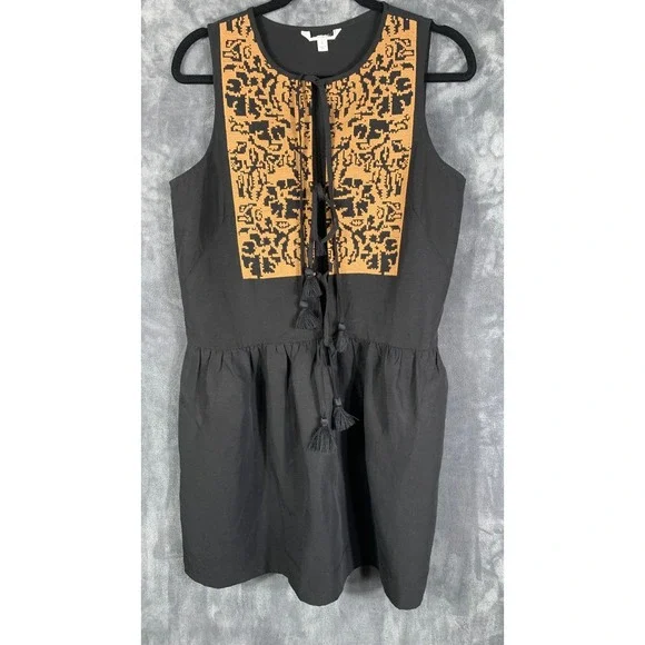Banana Republic Embroidered Tencel Linen Mini Dress Black Shift Tassel Sz S $198 - Picture 8 of 10